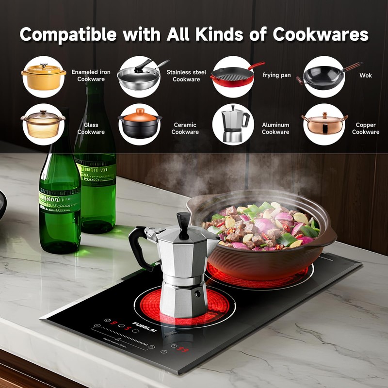 FUDELAI 2-Burner Electric Cooktop, 3200W 240V Ceramic Hot Plate with