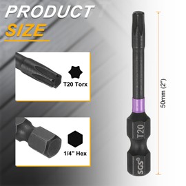 HARFINGTON T20 Torx Head Impact Screwdriver Bits 1/4" Hex Shank 2" (50mm) Long Magnetic No Hole Tamper Proof 6 Point Star Screw Driver Drill Bits Phosphate S2 Steel Power Tools
