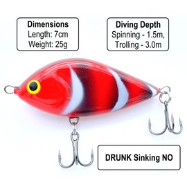 EVERBAY DORADO Wobbler Fishing Lure - Artificial Hard Crankbait - Fishing Tackle, Topwater Life-Like Swimbait for Perch Pike Zander Catfish Chub Barbel Trolling in Freshwater, Sinking - DRUNK 7cm NO