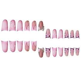 Duck Nail Press on Purple French Tip Fake Nails with 3D Butterfly Designs Flower Medium Duck Nail 3D Water Droplet Leopard Print False Nails Rhinestone Glue on Nails Stick on Nail