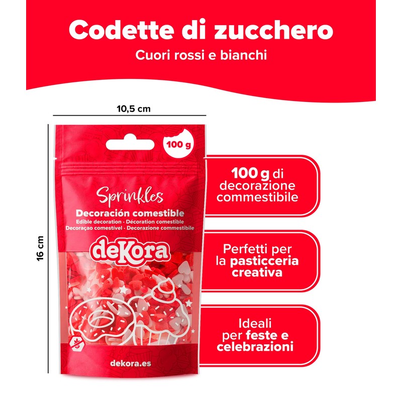 dekora - Sprinkles di zucchero a forma di cuore rossi