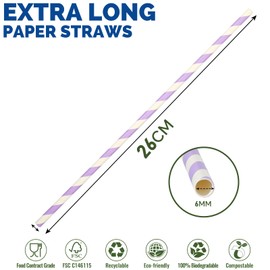 26 cm Extra Long Disposable Paper Straws - 0.6 cm Diameter, Purple/White Striped, Pack of 100