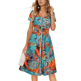 VOTEPRETTY Women's Floral Dresses for 2024 Summer Casual Short Sleeve V Neck Button Beach Midi Sundress with Pockets Spring(Floral45,XL)