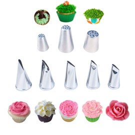 5 Pieces Large Piping Tips Set and 3Pcs Russian Grass Cream Tips DIY Decor Baking Tool, Stainless Steel Piping Nozzles Kit for Pastry Cupcakes Cakes Cookies Decorating