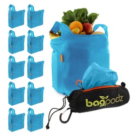 BagPodz Sturdy Reusable Grocery Bags Foldable and Washable - Made From RipStop Nylon Hold 50lbs - Designed in USA Reusable Shopping Bags Inside a Compact Pod with Carry Clip - 10 Pack in Blue