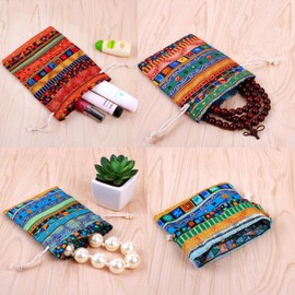 PINOWU Ethnic Style Drawstring Gift Bag 5x7 Cotton Reusable Pouches (12pcs) Jewelry Coin Storage Pouch Eco-Friendly Sachet Bags for Candy Wedding Party Valentine Favors