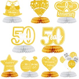 WINPOGEE 9Pcs White Gold 50th Anniversary Decorations Honeycomb Centerpieces Gold 50 Wedding Anniversary Table Centerpiece 50 Years Party Supplies Table Topper