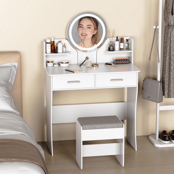 White Vanity Desk with Lights, Makeup Vanity Desk with Mirror