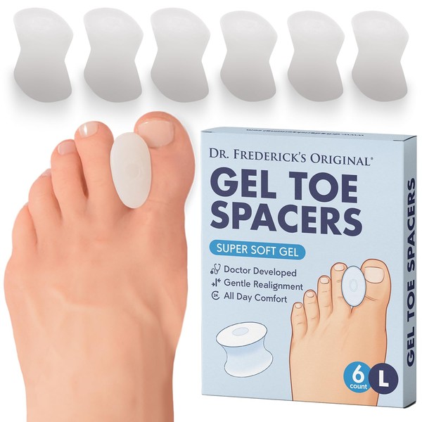 Dr. Frederick's Original Gel Toe Separators - 6 Pcs - Gel Toe Spacers - Temporary Bunion Corrector - Gel Orthotic for Bunion - Overlapping Toe Pain - Large