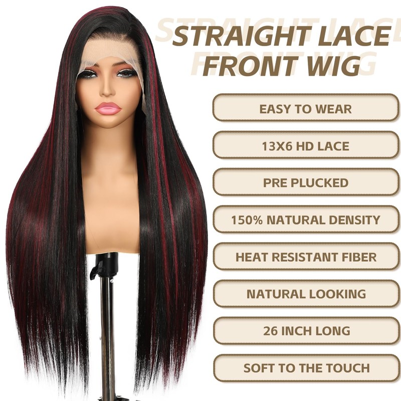 13X6 Black and Red Glueless Synthetic Lace Front Wig 26IN