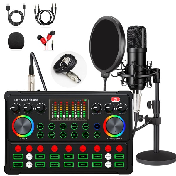 Podcast Equipment Bundle, 48V XLR Podcast Microphone Bundle, Voice Changer with Adjustable Mic Stand, Studio Condenser Microphone for Smartphone, PC, DJ, Video Recording, Streaming, Gaming and Singing