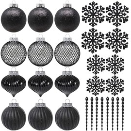 Sleetly 12 x Black Shatterproof 8.0cm Baubles Christmas Tree Ornaments 3 Styles with Ribbon Hanger