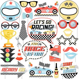 Fangleland 24pcs Race Car Photo Booth Props for Boys or Girls, Racing Theme Happy Birthday Decorations, Baby Shower Party Favors Supplies