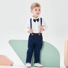 Volunboy Boys Clothes Set Toddler Kids Gentlemen Suit Long Sleeve Bow Tie Shirts Suspenders Pants Outfits (Beige, 18-24 Months)