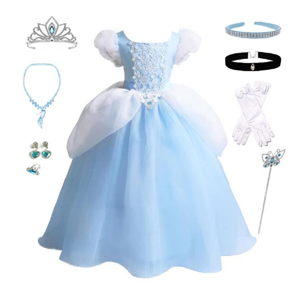 Elmia Dress, Princess, Children, Dress, Halloween, Christmas, Accessories, Set of 8 (Tiara, Necklace, Ring, Earrings, Stick, Gloves, Headband, Choker ) (140, Cinderella Blue (Set of 8)