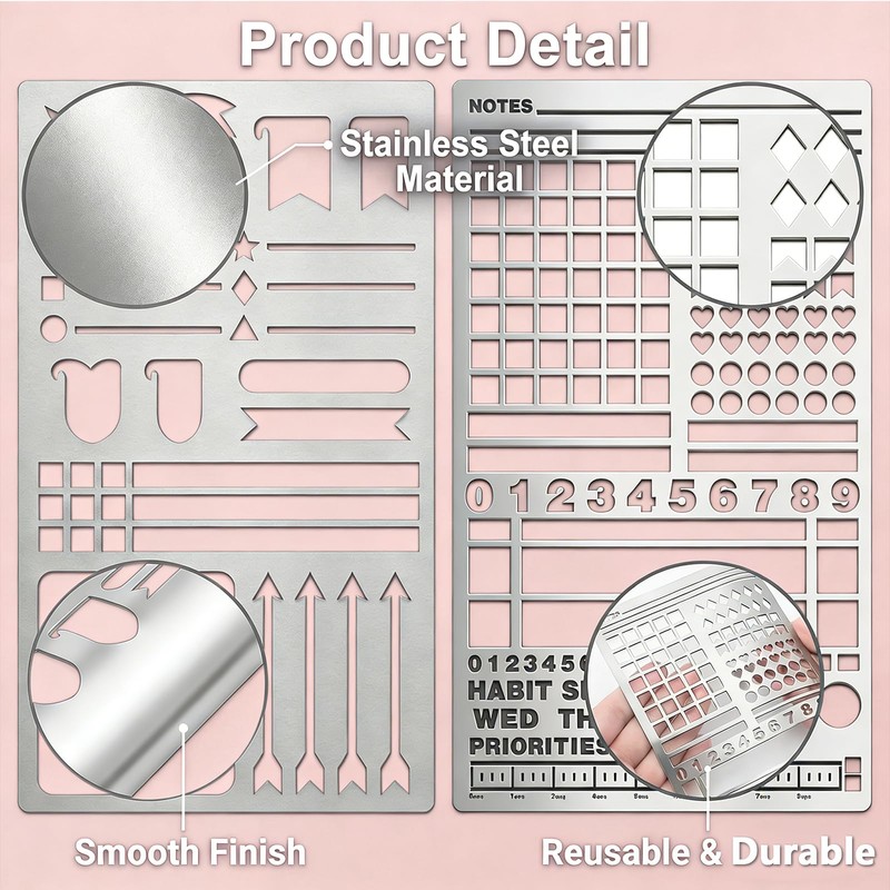 houlishu 2 Pack Metal Journal Stencils - Stainless Steel Reusable,