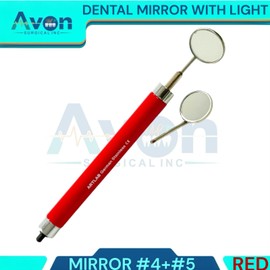 1pcs Dental Mirror Handle with Light Built-in, 2 Mirror Heads (#4 + #5), Red Handle, Anti-Fog Mirrors, Dentist Instrument Tools for Oral Examinations