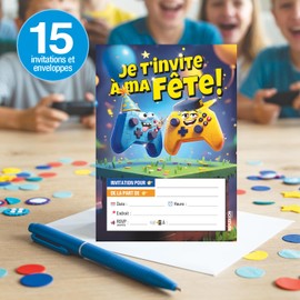 Carte invitation fete enfant francais JEUX VIDEO - Invitation fete enfant francais avec enveloppes ( lot de 15 cartes et 15 enveloppes) - Carte invitation fete enfant / Birthday Invitations VIDEO GAME with Envelopes (15 Pack) in french