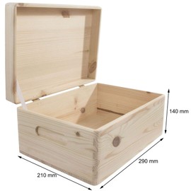 Wooden Chest Box with Lid & Etched Handles 29 x 21 x 13.5 cm | Rounded Corners | Plain Untreated Decorative Pine for Craft Decoupage