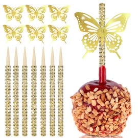 24 PCS Bling Candy Apple Sticks with Butterfly Stickers, Caramel Apple Bamboo Wooden Pointed Skewers with Rhinestones Diamond Mesh Wrap & Golden Decal, Treats Pop for Dessert Party Wedding Christmas