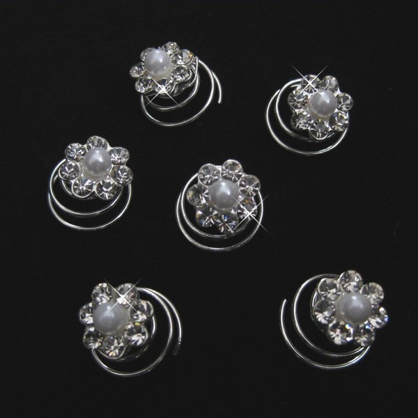Silver Rhinestone Flower Pearl Center Twist Spiral Bridal Hair Pin - Set of 6