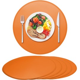 Rinpon PU Faux Leather Thick Wipeable Waterproof Round Placemats Set of 6, Vintage Cute Circle Place Mats Non-Slip Mats, Washable Oil-Proof Placemats, Wrinkle Free Kitchen Dining Table Mats(Orange)
