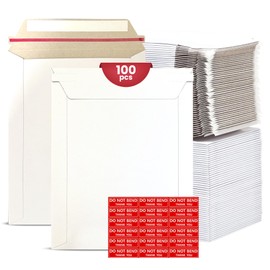 worldcollector 100 Pack 7x9 inch Rigid Mailers - Self Seal, Stay Flat White Cardboard Envelopes for Shipping Photos, CDs, and Documents