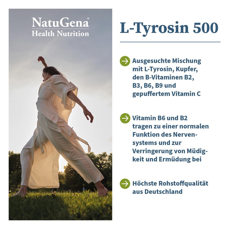 NatuGena L-Tyrosine 500, Bioactive B Vitamins (B3, B2, B6), Copper