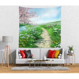 Loccor 5x5 Fabric Enchanted Forest Tapestry Photography Backdrop Spring Meadow River Nature Mural Bedroom Aesthetic for Kids Teen Adults Living Room Decor Dorm Apartment Wall Hanging