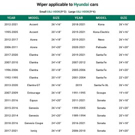 Windshield Wiper for Hyundai Sonata 2005-2015,24"+20" Replace Front Windshield Wiper Blades J&U-hook (2-Pack)
