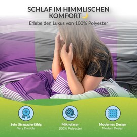 etérea Microfibre Bed Linen, 155 x 220 cm, Set of 2, All-Year Duvet Cover, Hunter Striped Bed Linen Set with Pillow 155 x 220 cm + 80 x 80 cm Pillow, Purple