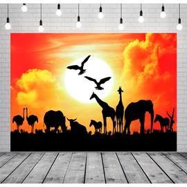 CORFOTO 5x3ft Fabric Wild Animals Silhouette Photography Backdrop Safari in Africa Background African Sunset Scenery Decorations Animal Themed Birthday Party Supplies Photoshoot Booth Studio Props