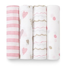 aden + anais Swaddle Blanket, Boutique Muslin Blankets for Girls & Boys, Baby Receiving Swaddles, Ideal Newborn & Infant Swaddling Set, Perfect Shower Gifts, 4 Pack, Heart Breaker