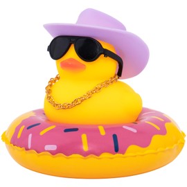 wonuu Car Rubber Duck Car Duck Decoration Dashboard Car Ornament for Car Dashboard Decoration Accessories with Mini Sun Hat Swim Ring Necklace and Sunglasses, A-Cowboy Hat Purple&Donut