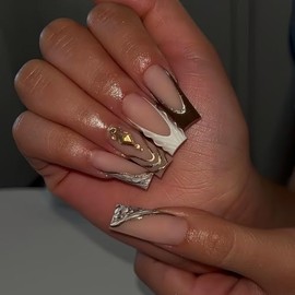 Uñas postizas marrones, largas y cuadradas, con punta francesa, con rayas otoñales, acrílicas, mate, cobertura total, para manicura de mujer, 24 unida
