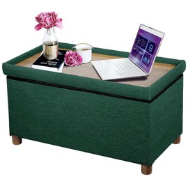 Ao Lei 30 Inches Storage Ottoman Bench, Storage Bench with Wooden Legs for Living Room Ottoman Foot Rest Removeable Lid for Bedroom End of Bed, Linen Fabric Green Color