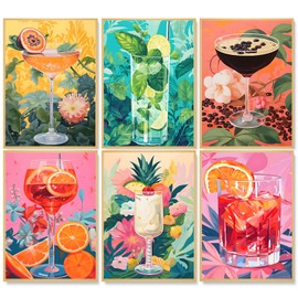 6 Pack Paint by Numbers Kit for Adults, Cocktail Adult Paint by Number Kits on Canvas Without Frame for Beginner, Vintage Cocktail Acrylic Oil Painting by Numbers Kits for Home Decor 10 x 14 Inch