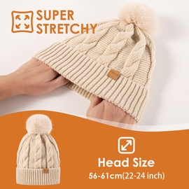 Women's Winter Beanie Warm Hat with Pom Pom,Thermal Fleece Lined Knit Cap, Thick Cable Slouchy Soft for Ski Cold Weather Dark Gray