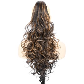 GLEDOLA Ombre Claw Clip In Wavy Loose curly Synthetic Wrap Around Ponytail Extensions Short Pony Tail Clip In Extensions for Women Girl (24 inch—Curly, Highlighted Dark Brown #4H27)