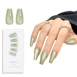 Green Cat Eyes Press On Nails,12 Sizes - 24 Pcs Soft Gel Medium Coffin Fake Nails Kit with Nail Glue, Natural Reusable Stick On False Nails for Women and Girls (Skycloud Green Nails) SK0979