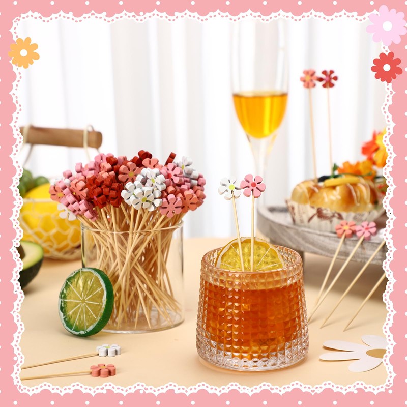 400 Pcs Spring Daisy Cocktail Picks Flower Bamboo Toothpicks Daisy