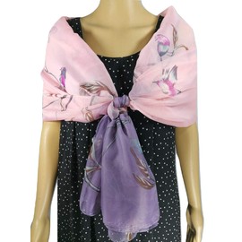 Shanlin Super Large Silk Feel Hummingbird Floral Scarves for Women (Hummingbirds-Pink-Purple)