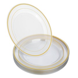 STACKABLES ~ Pack of 20 Hard Plastic Plates ~ 10.25 Inch Round Clear Plate with Doubled Gold Rim ~ Multi-Purpose Reusable Plate for Weddings Parties Catering & Picnic