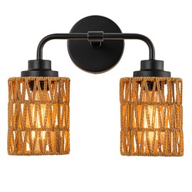 FIYUEOYI Bathroom Light Fixtures, Rustic 2-Light Vanity Lights Over Mirror Farmhouse Wall Mounted Light Natural Style Wall Lamp Boho Lighting Fixture Rattan Wall Sconce for Bedroom