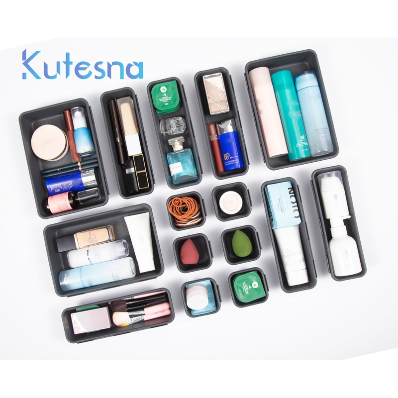 Kutesna 15 PCS Interlocking Desk Drawer Organizer Separator for Office,Bathroom,Kitchen,Makeup（Black）
