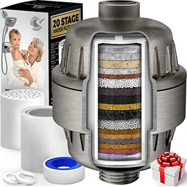 AquaHomeGroup 20 Stage Shower Filter with Vitamin C E and A - Reduces Chlorine, Heavy Metals and Sediment - 2 Cartridges Included - Consistent Flow - Brushed Nickel