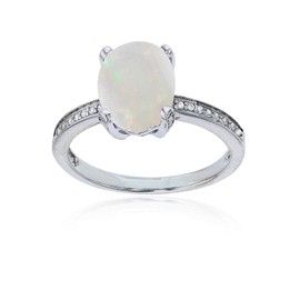 Sterling Silver Rhodium 1mm Created White Sapphire Channel Set & 10x8 Oval Opal Engagement Ring