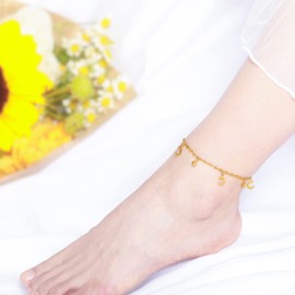 Qings Gold Moon Star Adjustable Anklet Stainless Steel Feet Chain Choker Jewelry, Anklets Bracelet with Ball Charms Pendant Bracelets for Women Beach Jewelries