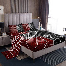 Manfei Spider Kids Sheet Set Queen Size, White Spider Web Black Dots Bedding Set for Boys Teens Adults Bedroom Decor, Red and Black Bed Sheet Set 4pcs (Fitted Sheet + Flat Sheet + 2 Pillowcases)
