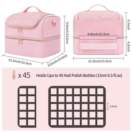 CUBETASTIC Nail Polish Organizer Case, Nail Supplies Storage Box Holds Nail Polish Bottles & Nail Lamp, Travel Nail Tech Carrying Case, Nail Kit Bag For Nail Stuff & Manicure Tools (Pink, 45 Slots)